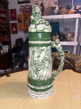 Vintage Green Ceramic Lion-Top Beer Stein - Home Art